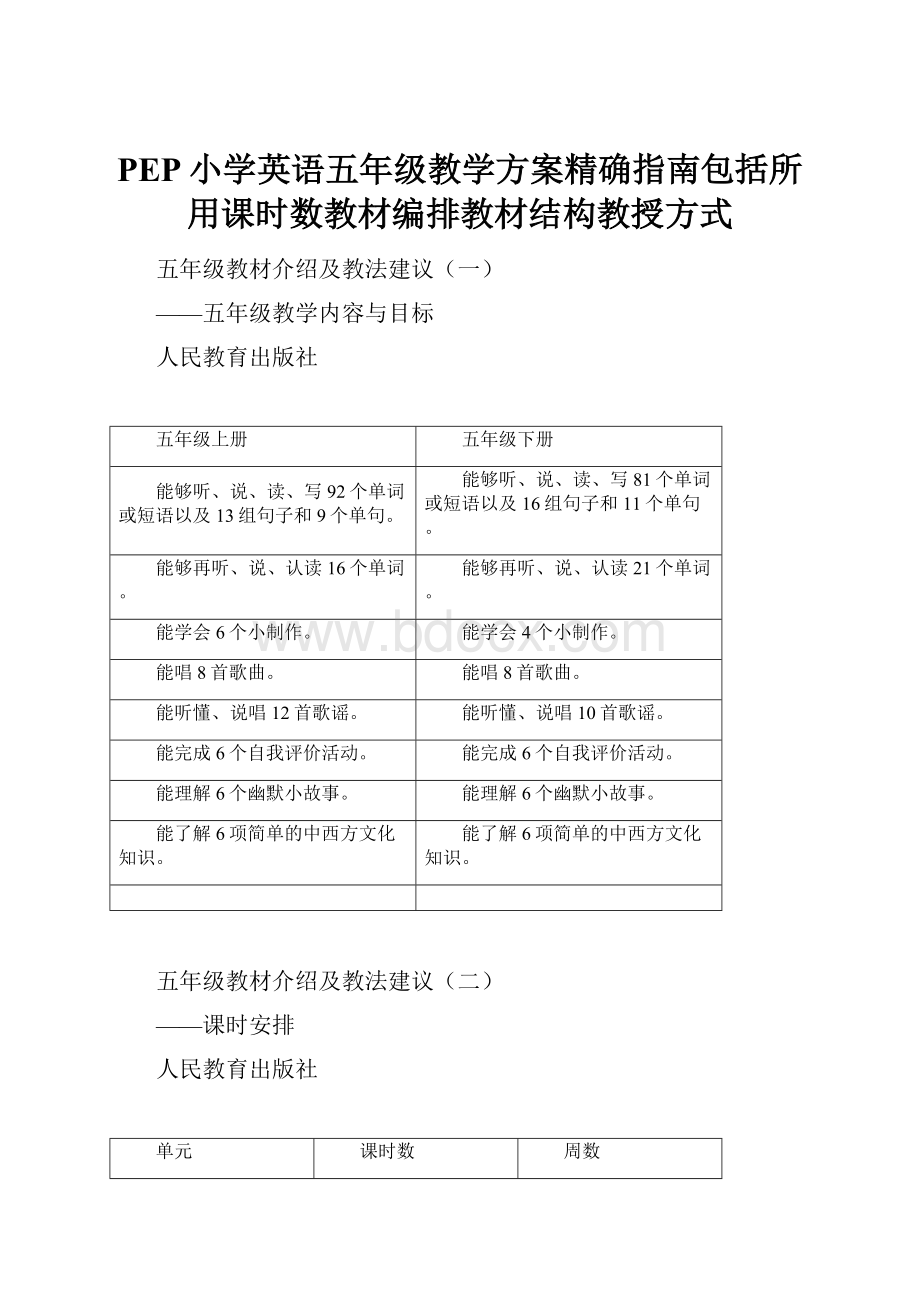 PEP小学英语五年级教学方案精确指南包括所用课时数教材编排教材结构教授方式.docx