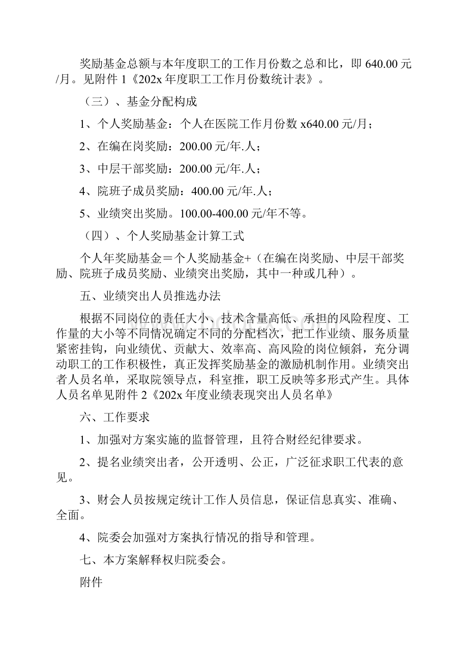 《年年终结余之奖励基金分配方案医院》.docx_第2页