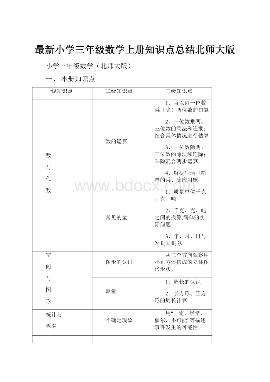 最新小学三年级数学上册知识点总结北师大版.docx_第1页