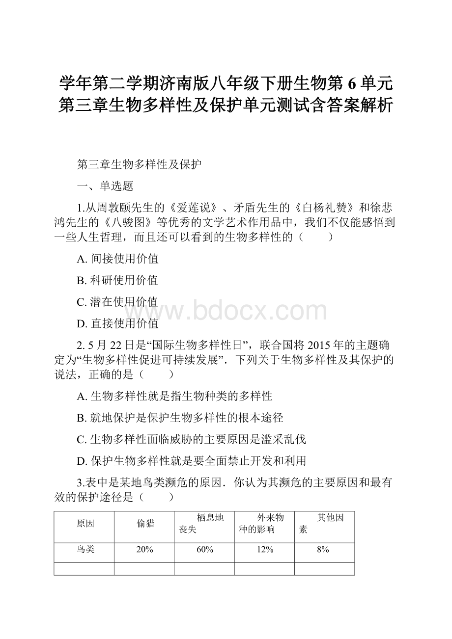 学年第二学期济南版八年级下册生物第6单元第三章生物多样性及保护单元测试含答案解析.docx_第1页