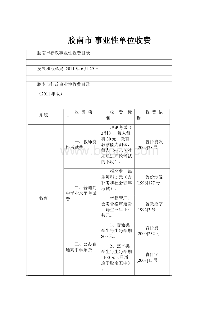 胶南市事业性单位收费.docx