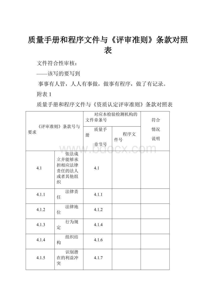 质量手册和程序文件与《评审准则》条款对照表.docx_第1页