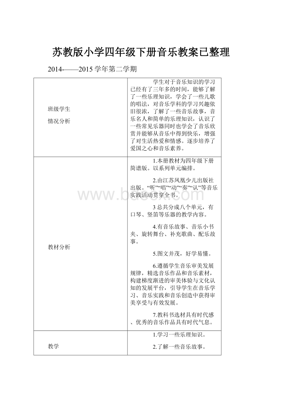 苏教版小学四年级下册音乐教案已整理.docx