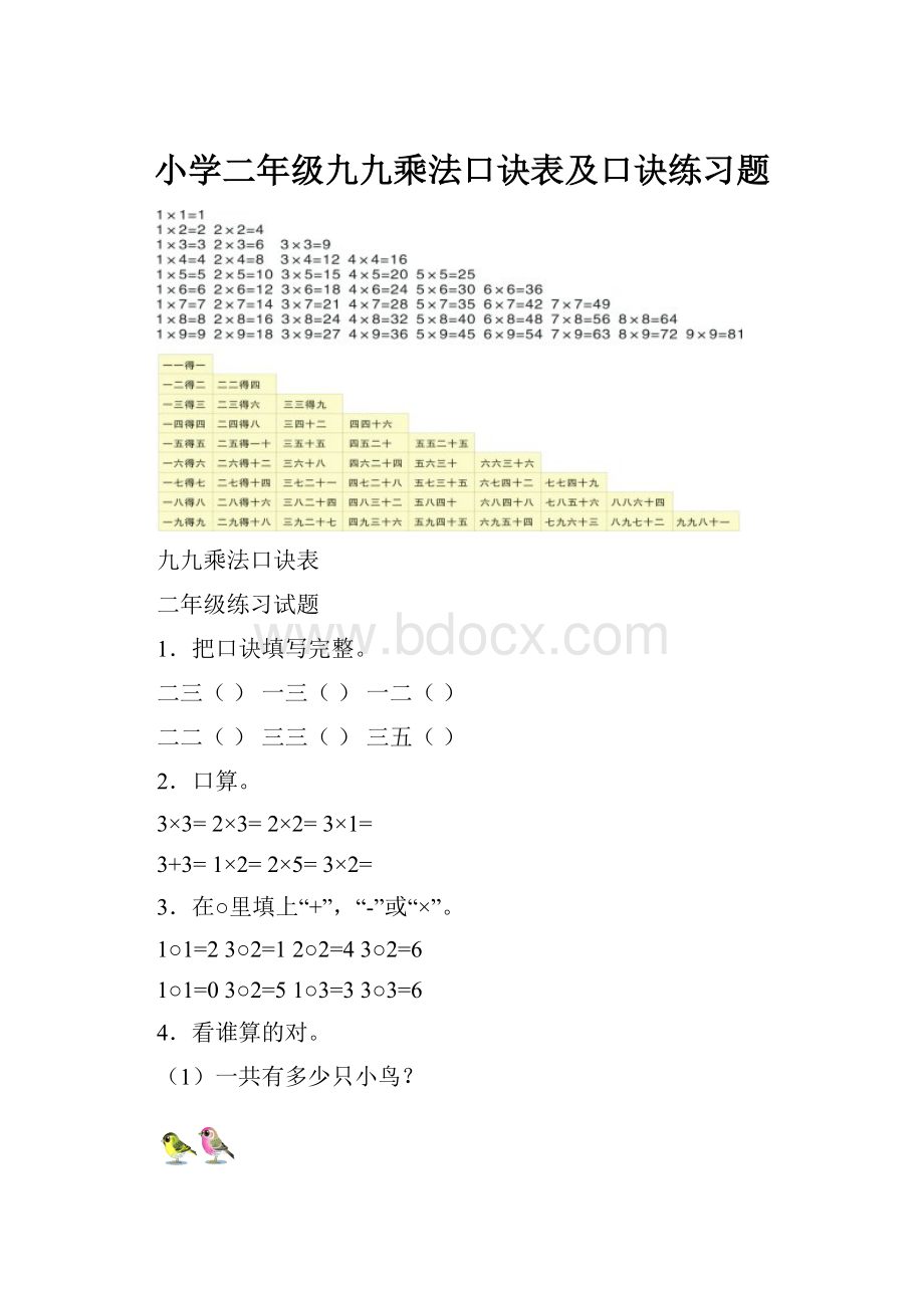 小学二年级九九乘法口诀表及口诀练习题.docx_第1页