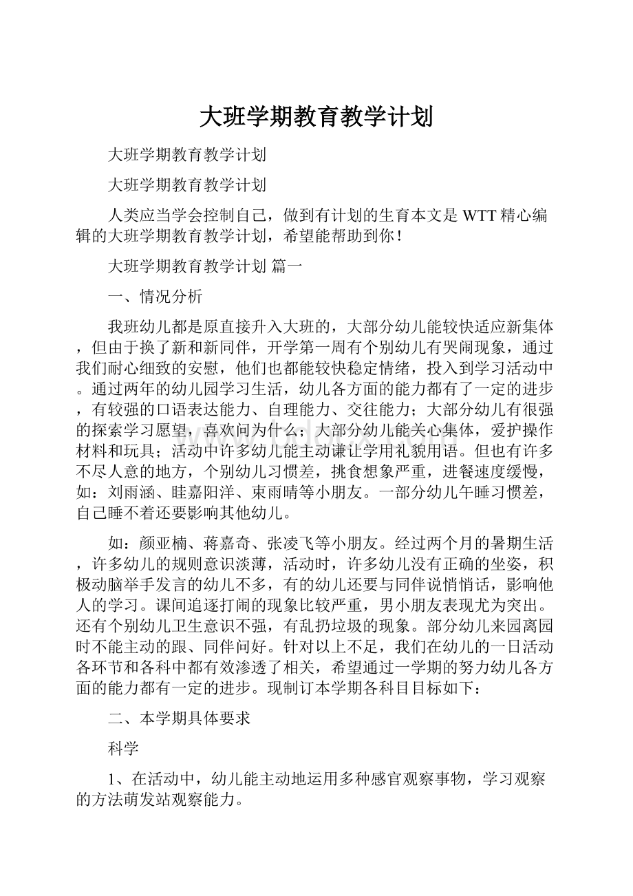 大班学期教育教学计划.docx