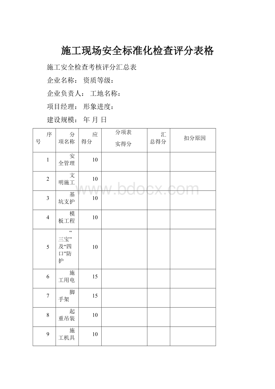 施工现场安全标准化检查评分表格.docx_第1页