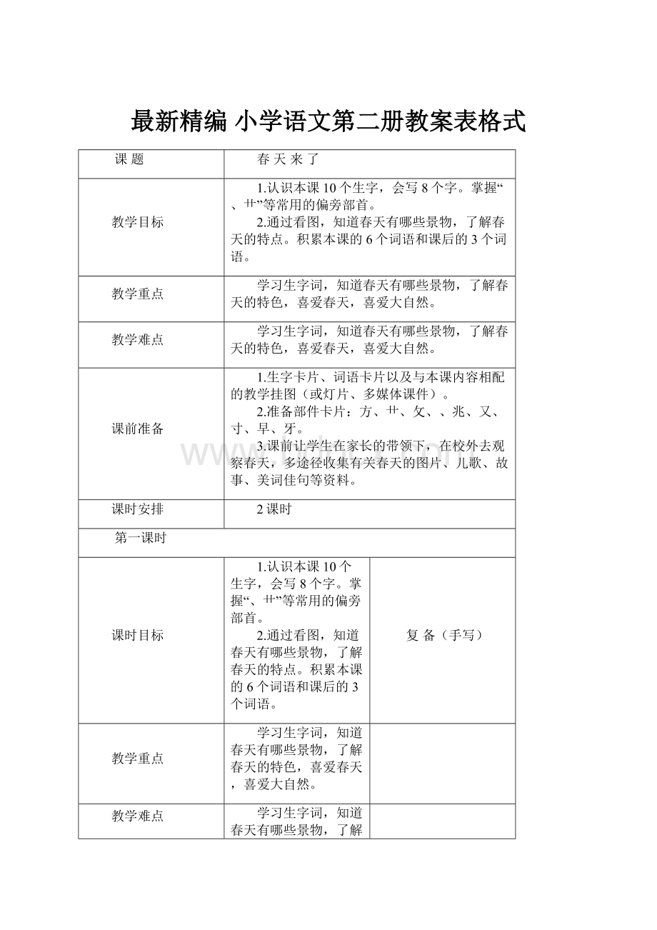 最新精编 小学语文第二册教案表格式.docx_第1页