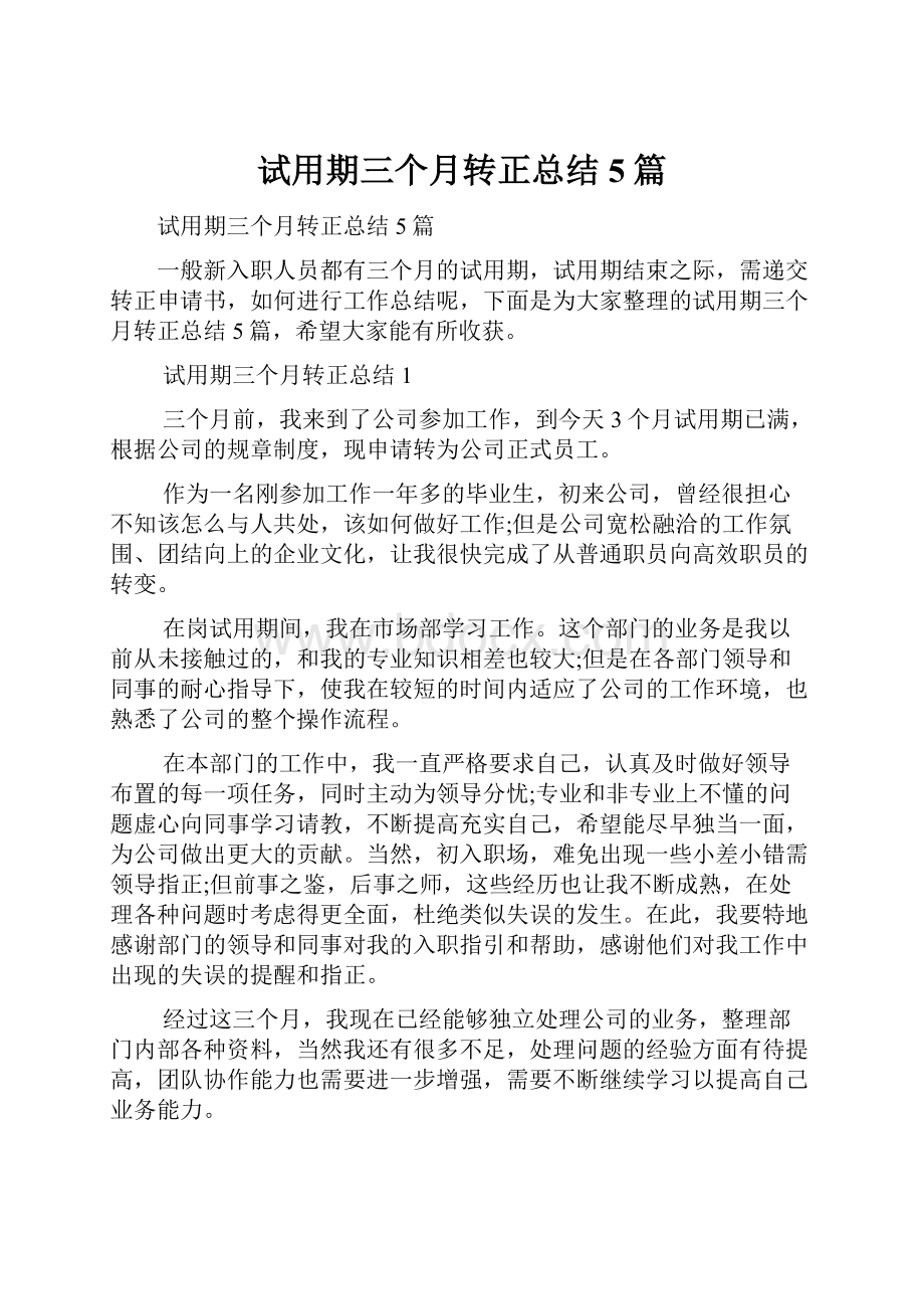 试用期三个月转正总结5篇.docx