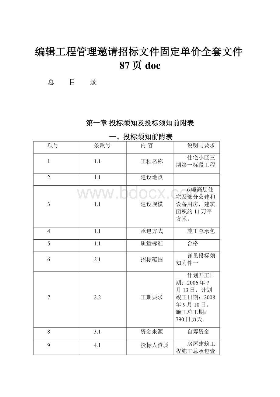 编辑工程管理邀请招标文件固定单价全套文件87页doc.docx_第1页