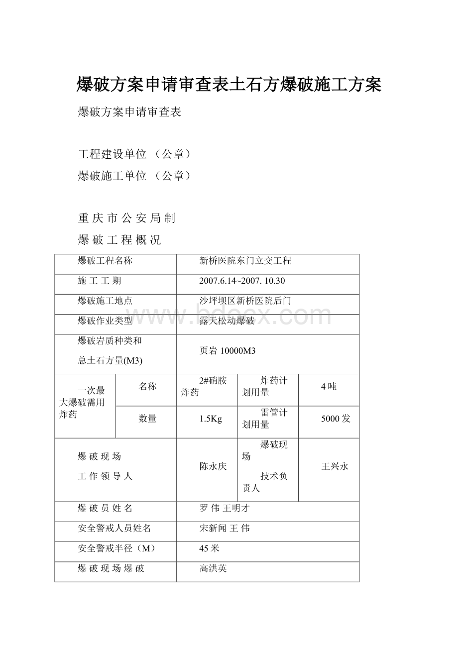 爆破方案申请审查表土石方爆破施工方案.docx_第1页