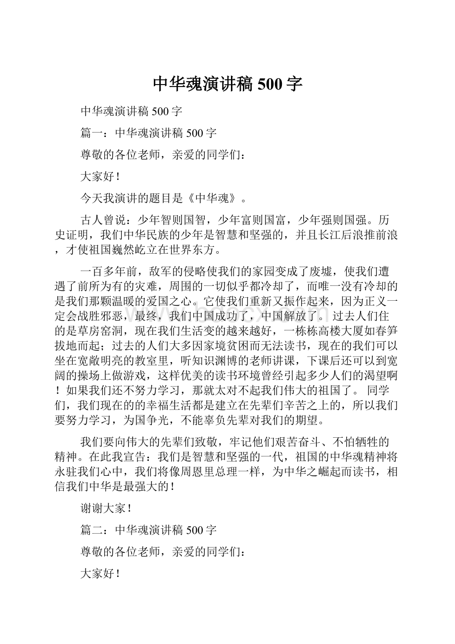 中华魂演讲稿500字.docx_第1页