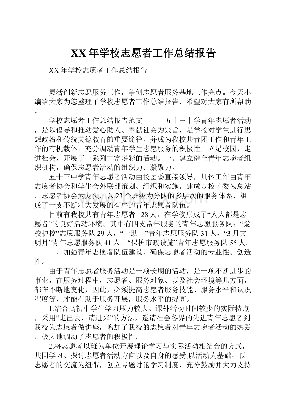 XX年学校志愿者工作总结报告.docx