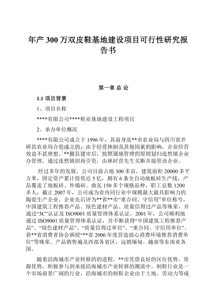 年产300万双皮鞋基地建设项目可行性研究报告书.docx_第1页