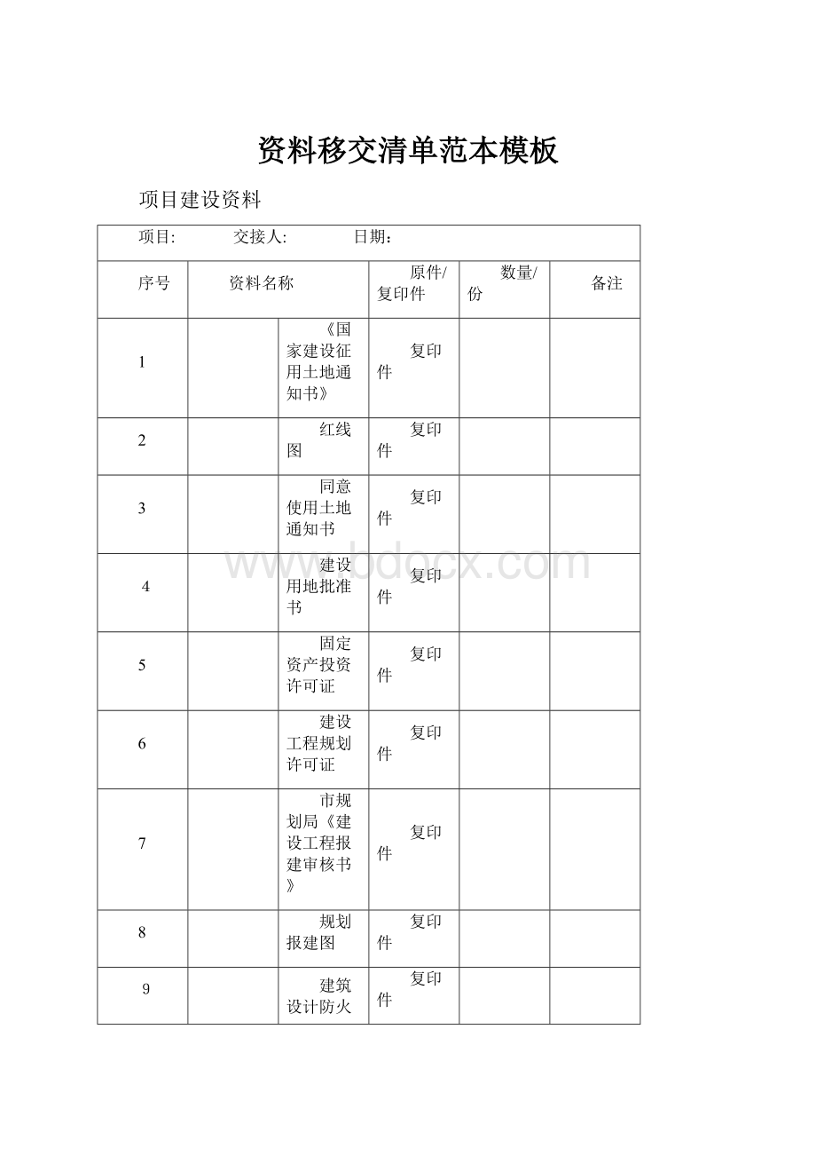 资料移交清单范本模板.docx_第1页