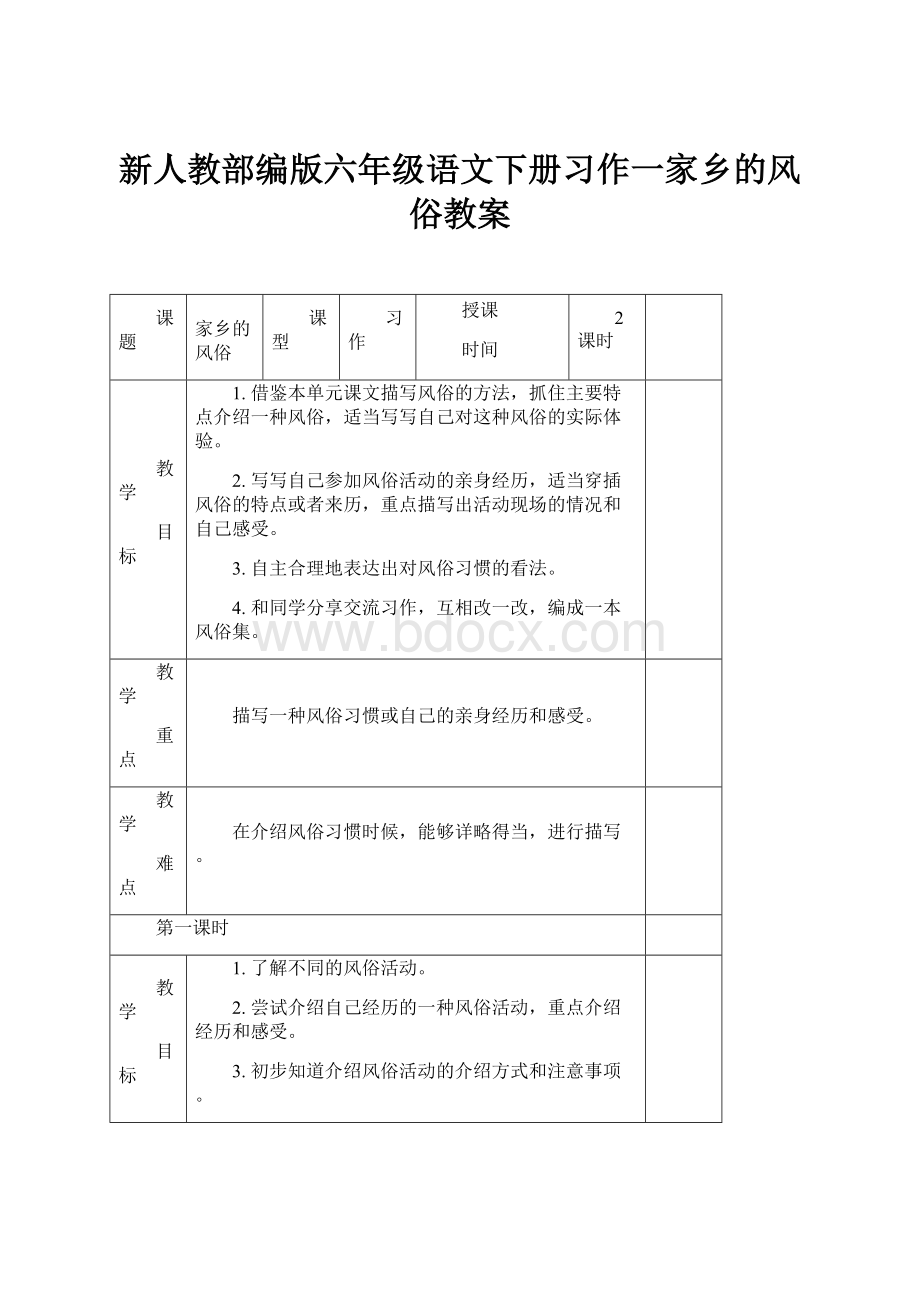 新人教部编版六年级语文下册习作一家乡的风俗教案.docx