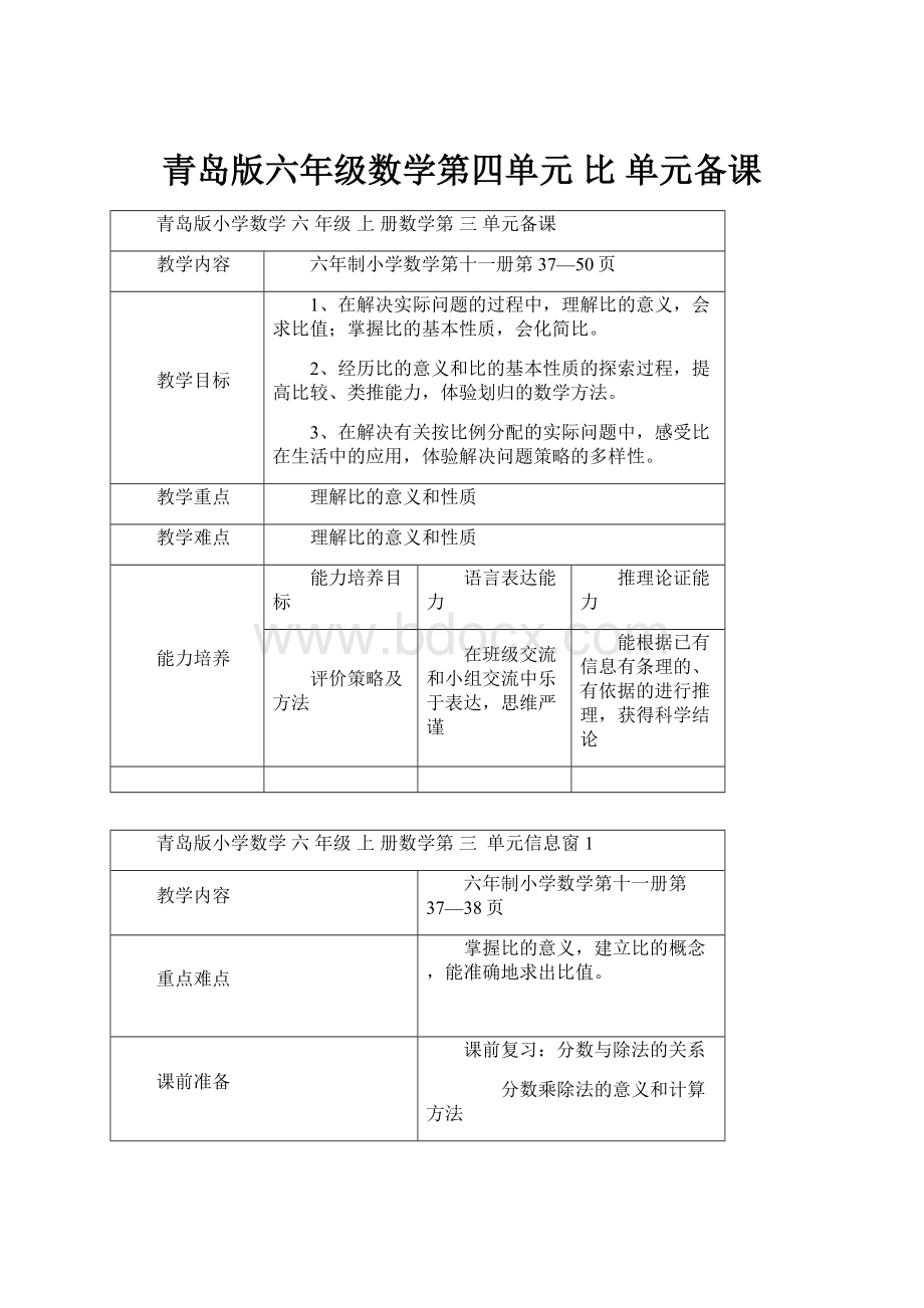 青岛版六年级数学第四单元比单元备课.docx