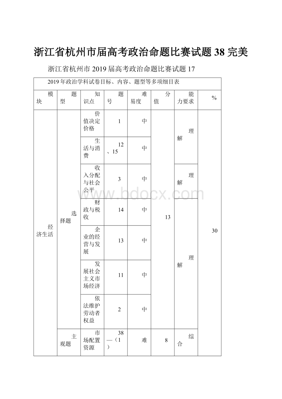 浙江省杭州市届高考政治命题比赛试题38 完美.docx