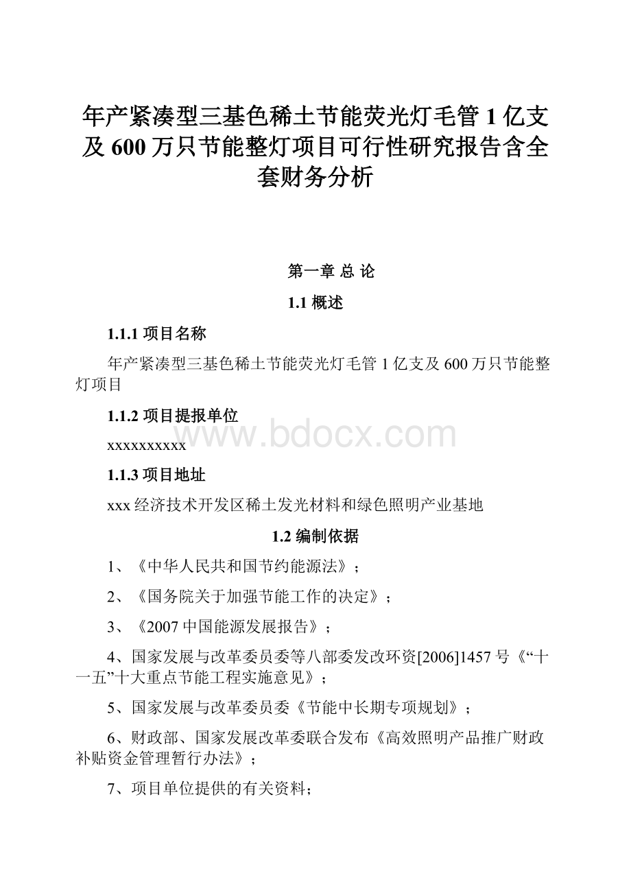 年产紧凑型三基色稀土节能荧光灯毛管1亿支及600万只节能整灯项目可行性研究报告含全套财务分析.docx