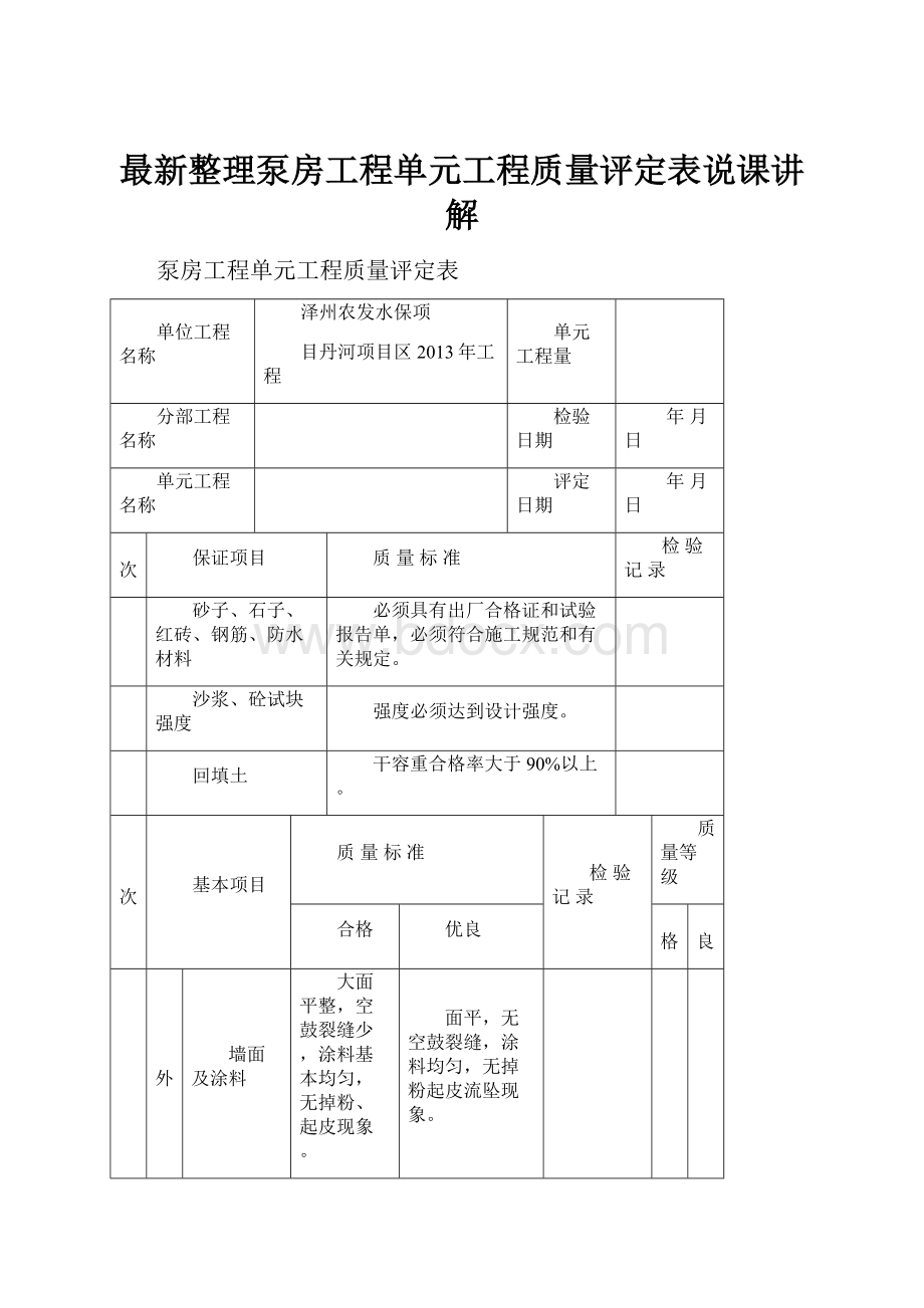 最新整理泵房工程单元工程质量评定表说课讲解.docx