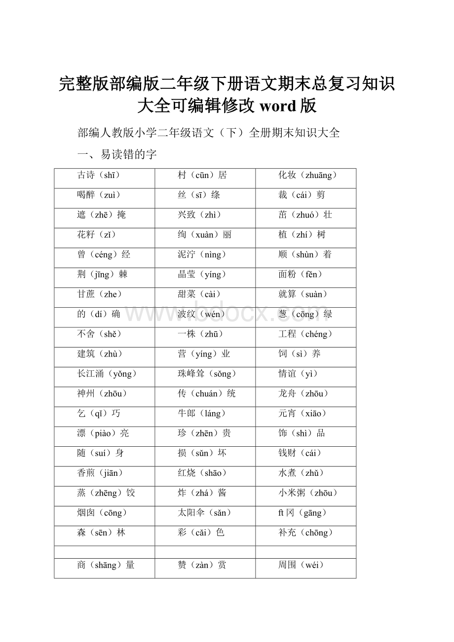 完整版部编版二年级下册语文期末总复习知识大全可编辑修改word版.docx