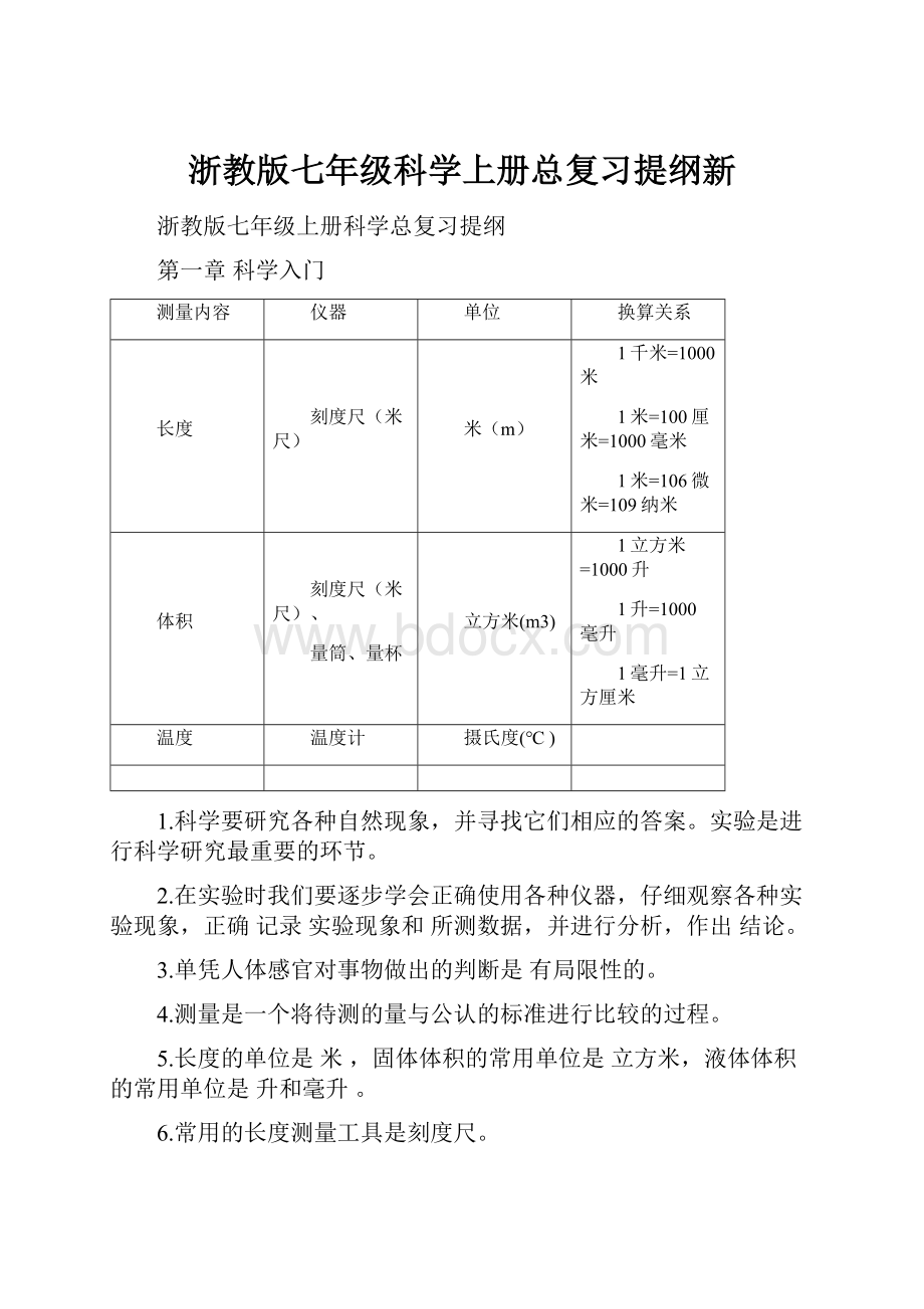 浙教版七年级科学上册总复习提纲新.docx