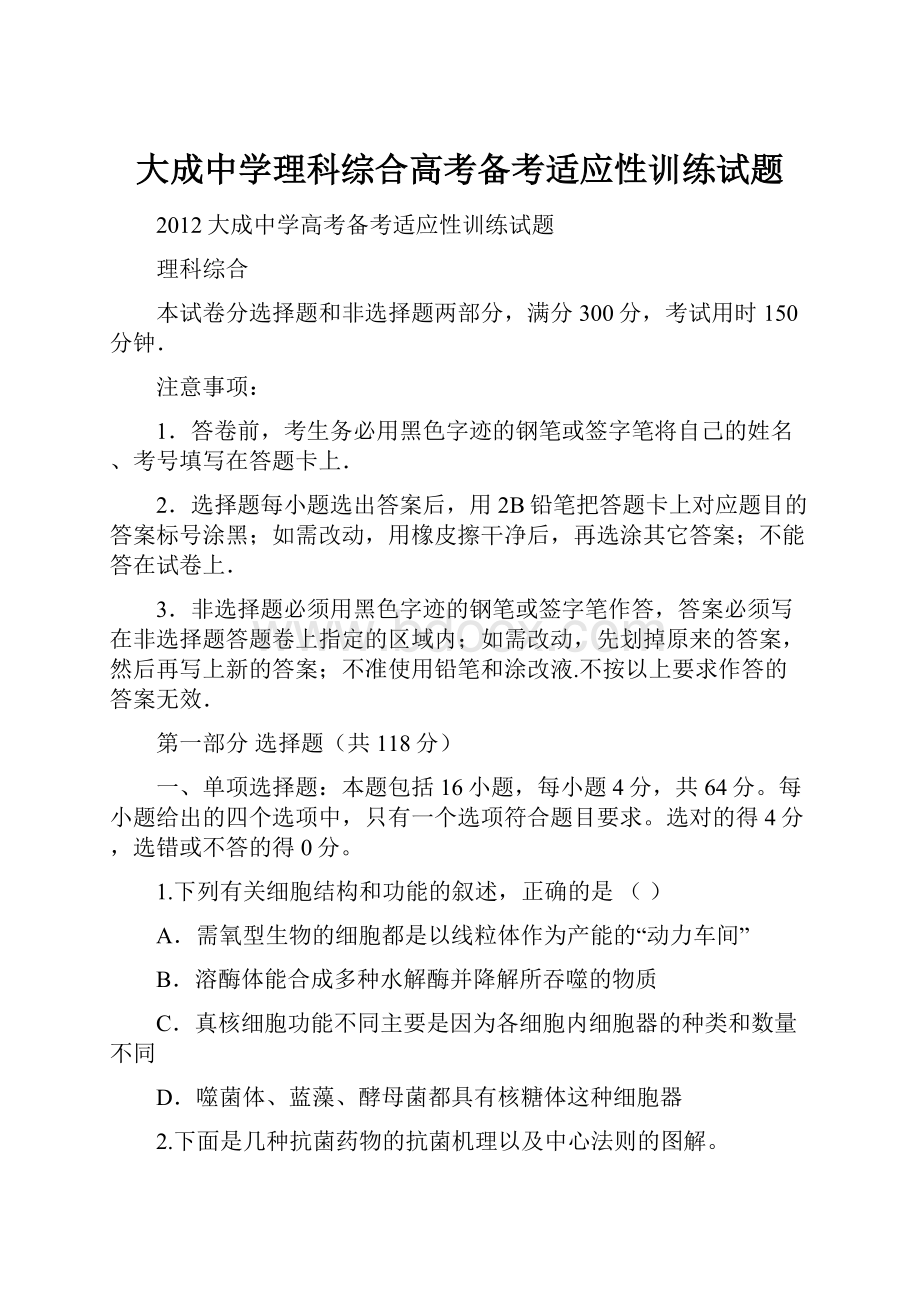 大成中学理科综合高考备考适应性训练试题.docx