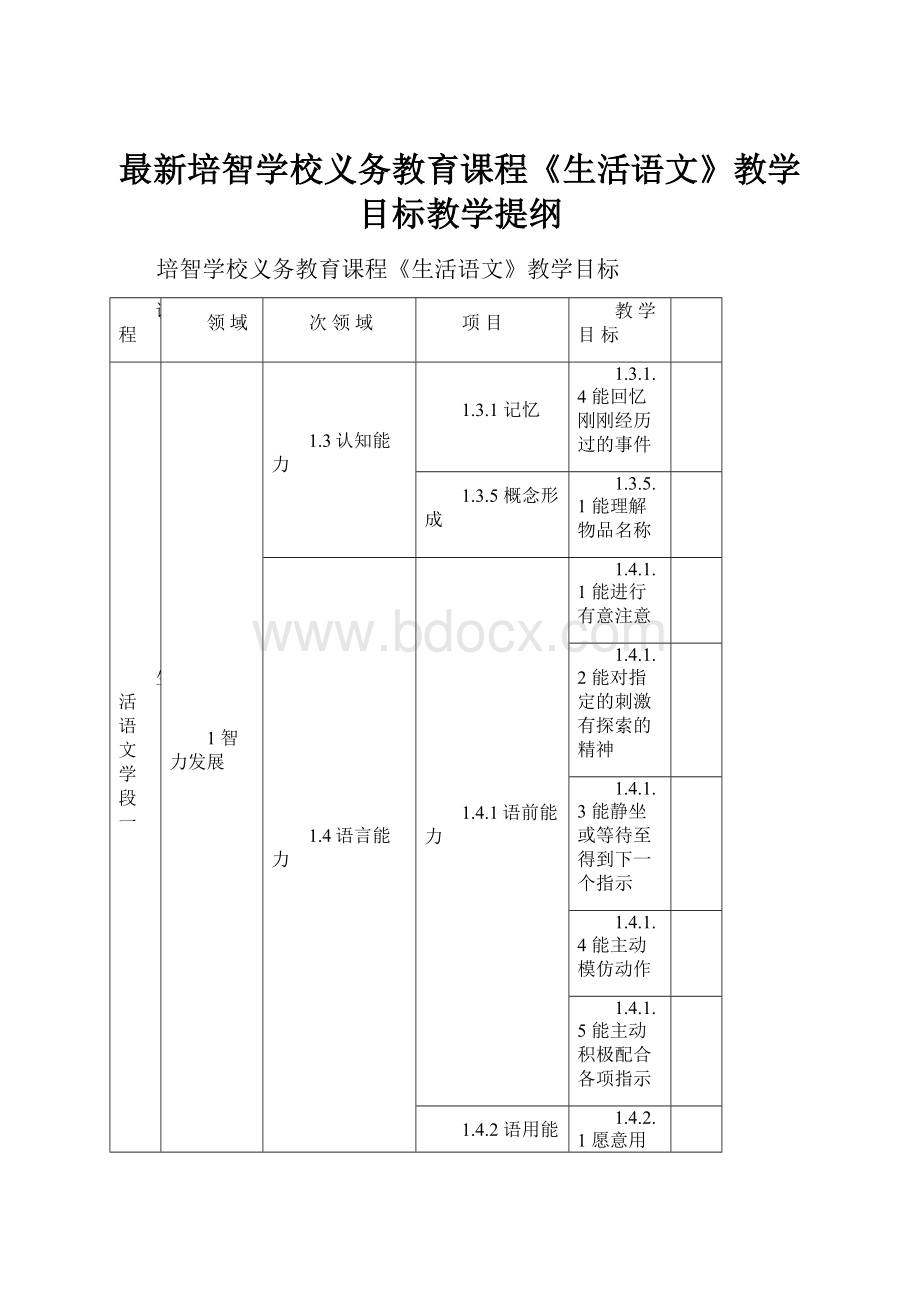 最新培智学校义务教育课程《生活语文》教学目标教学提纲.docx