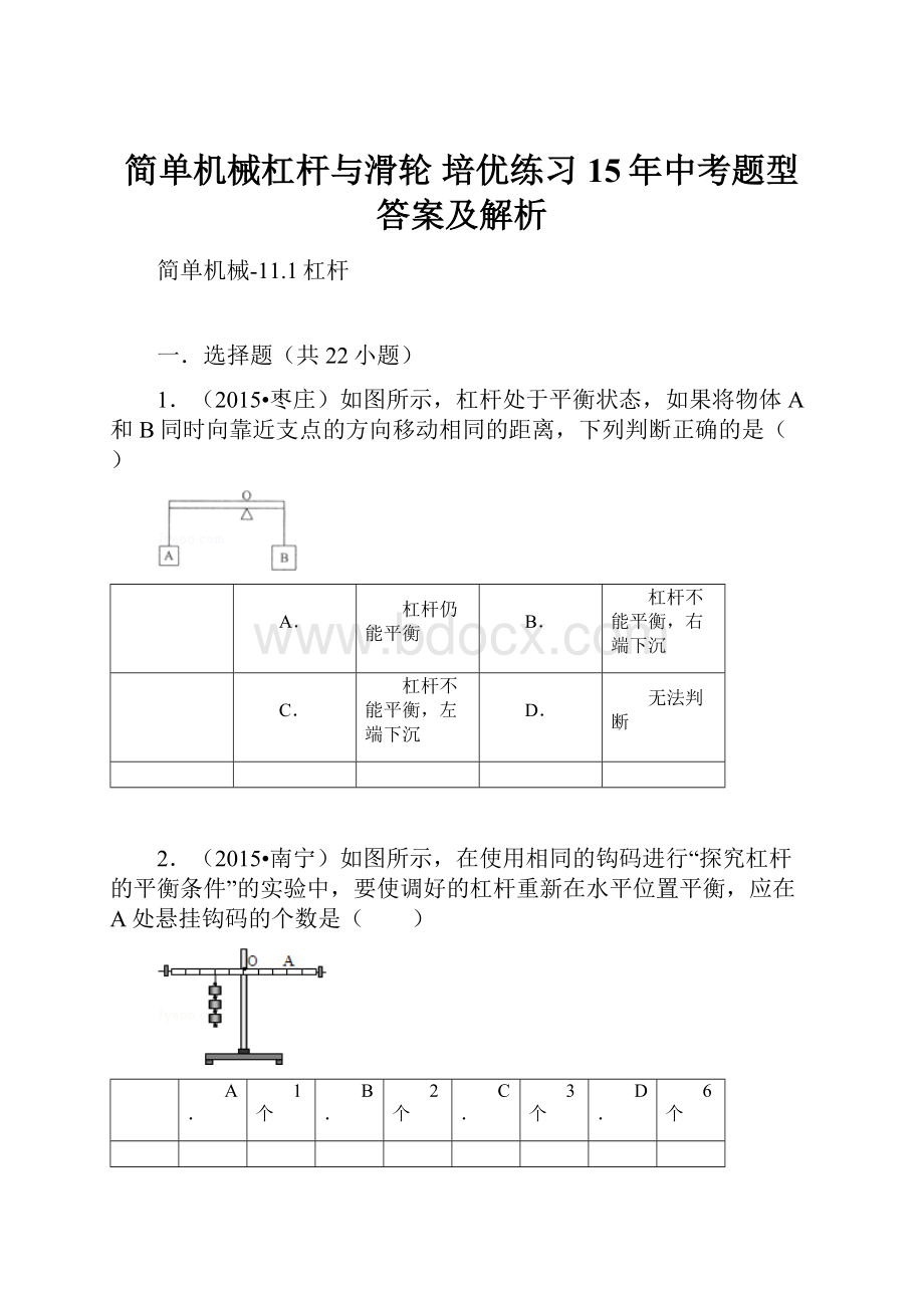 简单机械杠杆与滑轮 培优练习15年中考题型答案及解析.docx