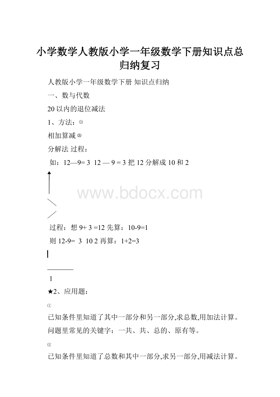 小学数学人教版小学一年级数学下册知识点总归纳复习.docx