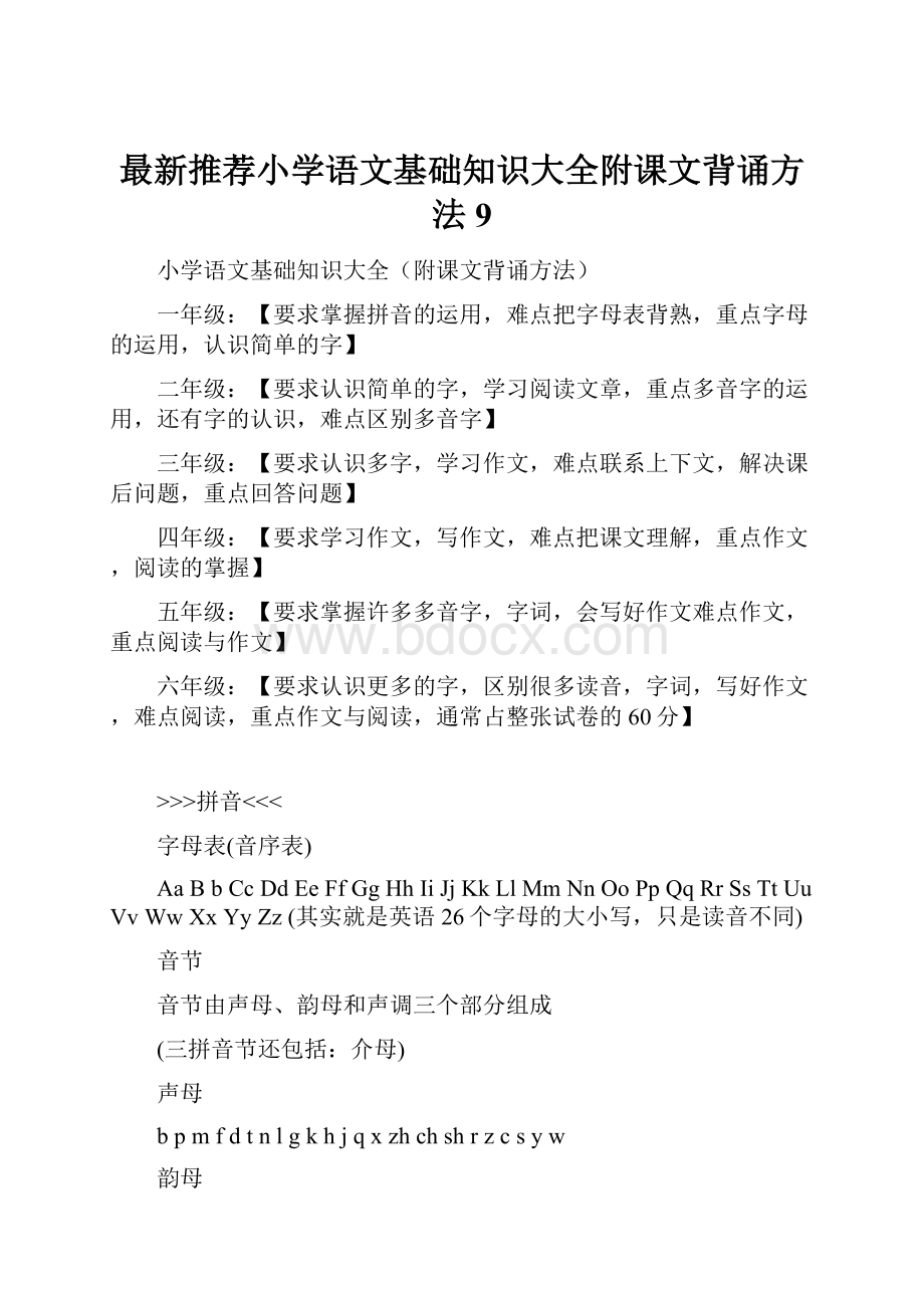 最新推荐小学语文基础知识大全附课文背诵方法9.docx_第1页