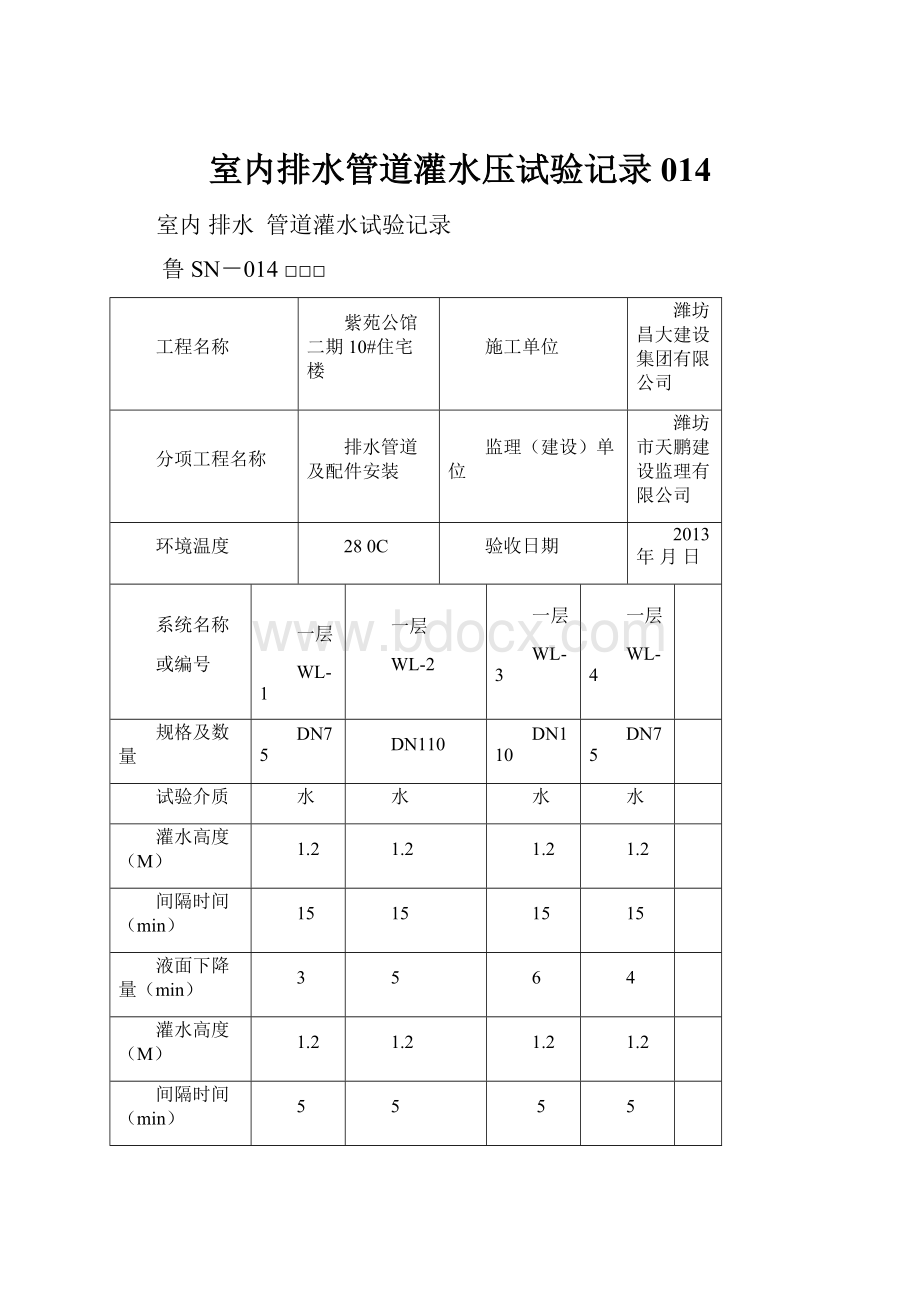 室内排水管道灌水压试验记录014.docx_第1页