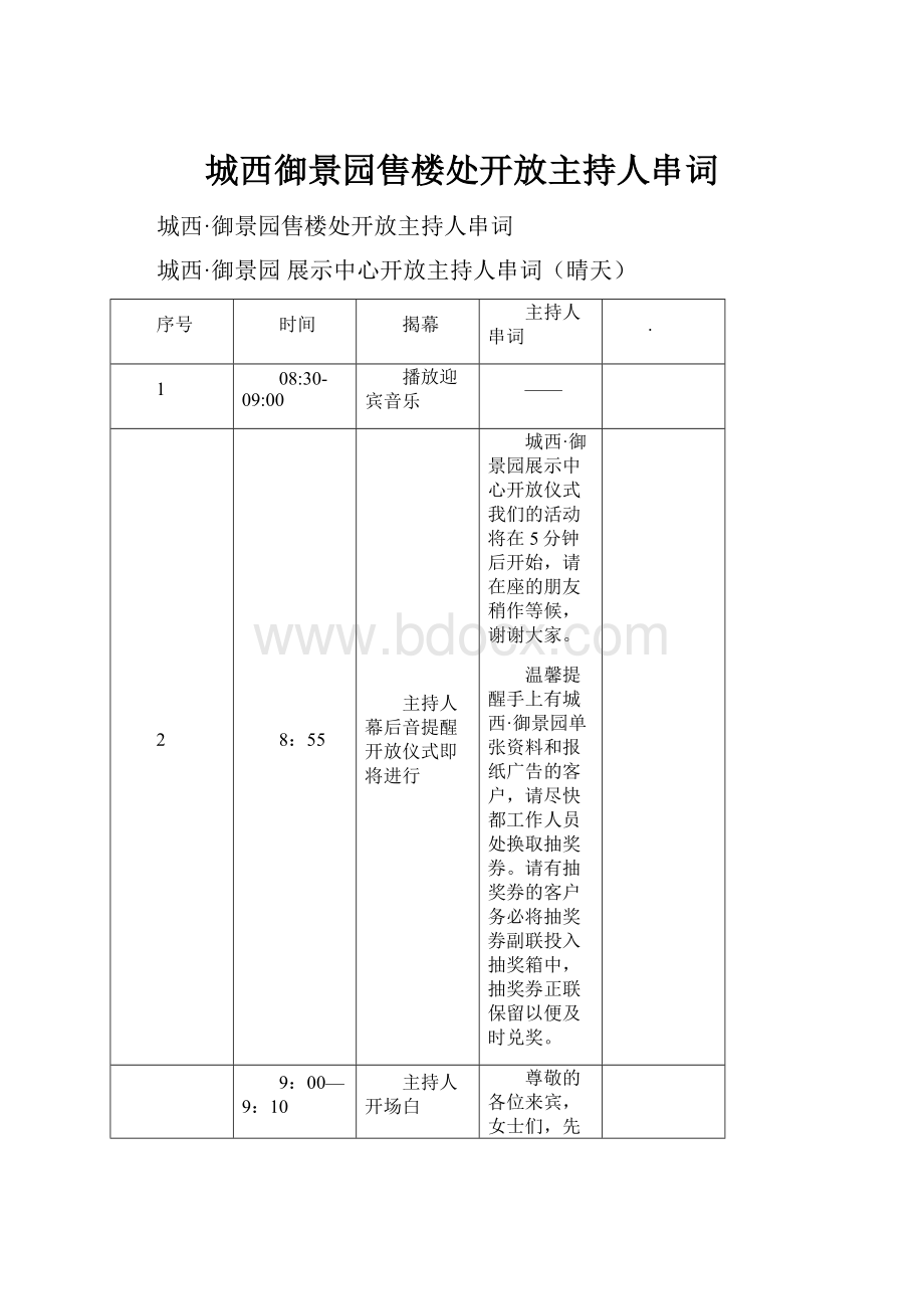 城西御景园售楼处开放主持人串词.docx_第1页