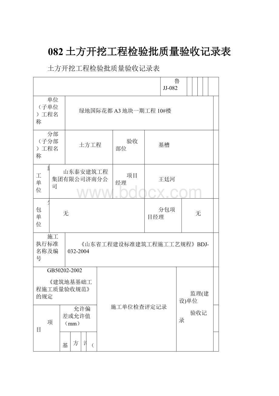 082土方开挖工程检验批质量验收记录表.docx_第1页