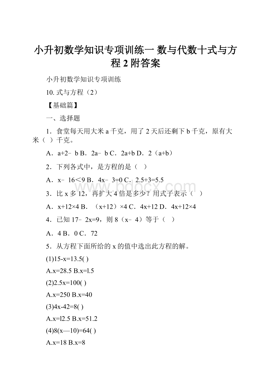 小升初数学知识专项训练一 数与代数十式与方程2附答案.docx