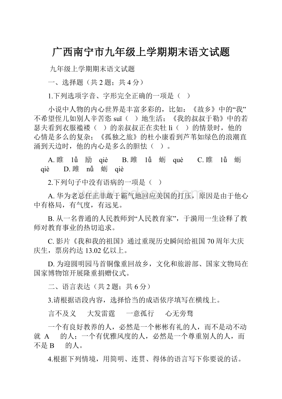 广西南宁市九年级上学期期末语文试题.docx