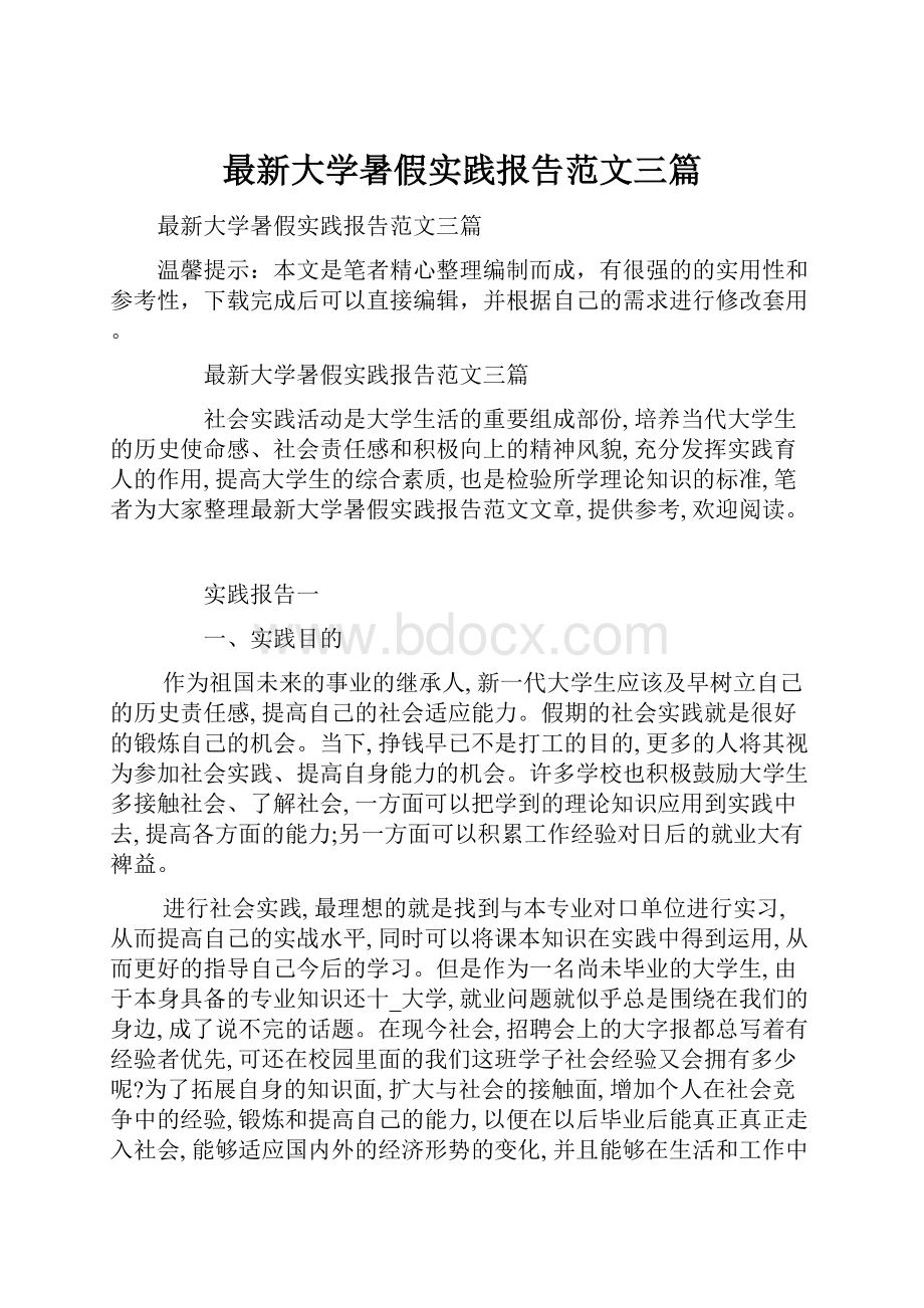 最新大学暑假实践报告范文三篇.docx