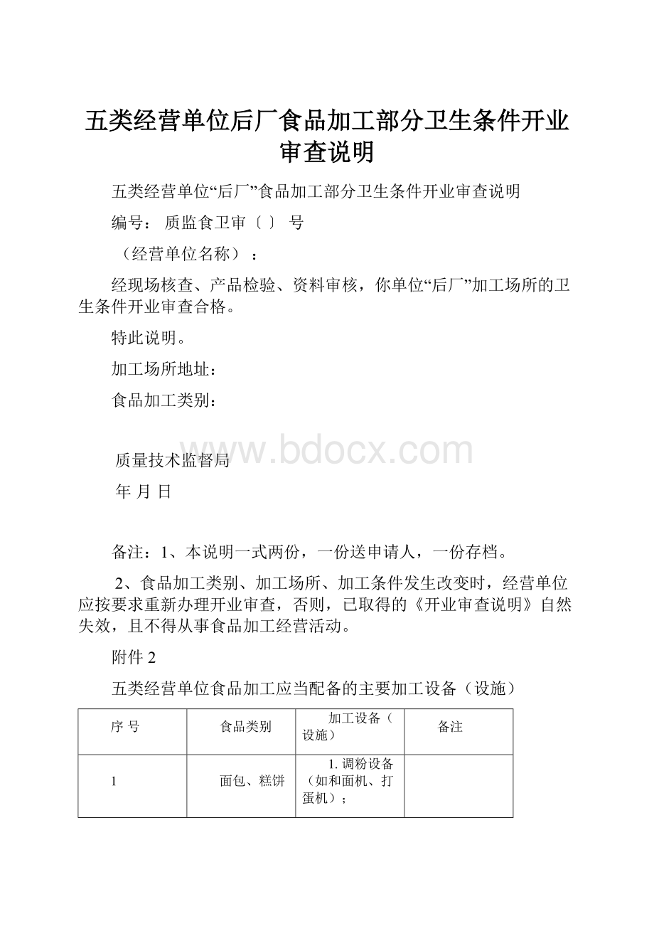 五类经营单位后厂食品加工部分卫生条件开业审查说明.docx