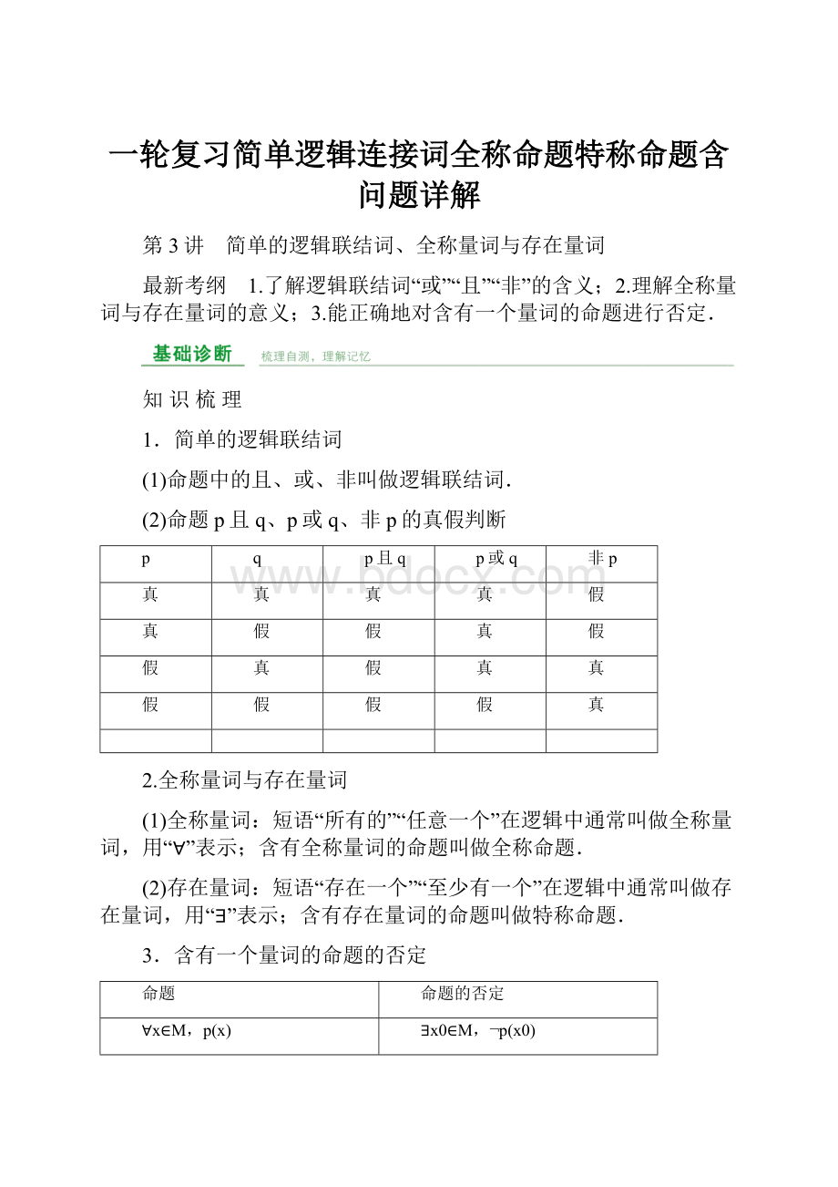 一轮复习简单逻辑连接词全称命题特称命题含问题详解.docx