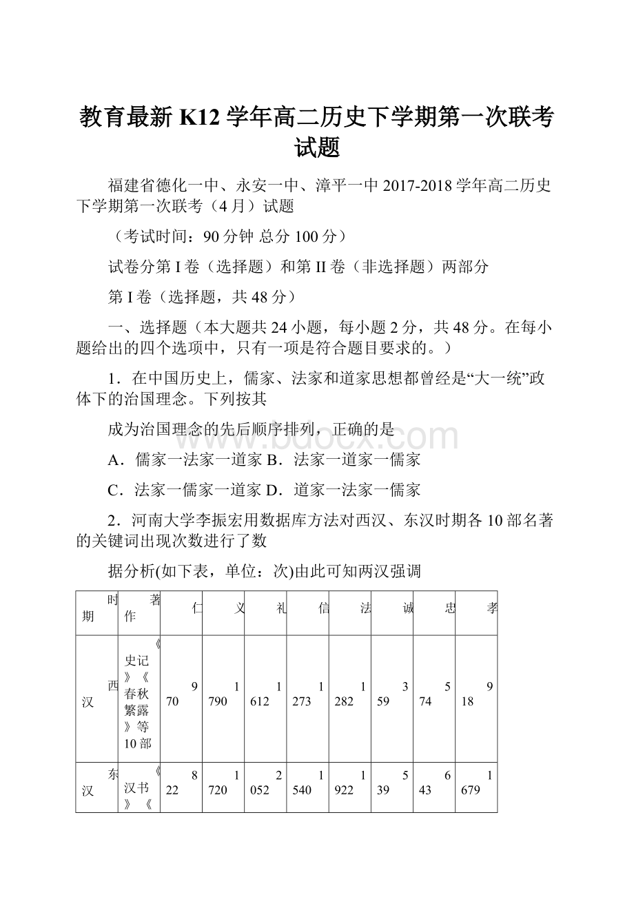 教育最新K12学年高二历史下学期第一次联考试题.docx_第1页