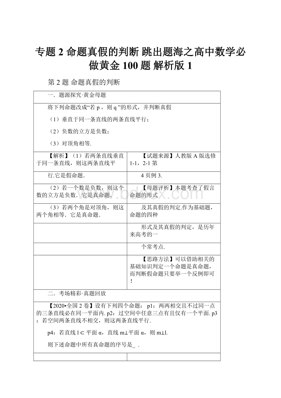 专题2命题真假的判断跳出题海之高中数学必做黄金100题 解析版 1.docx