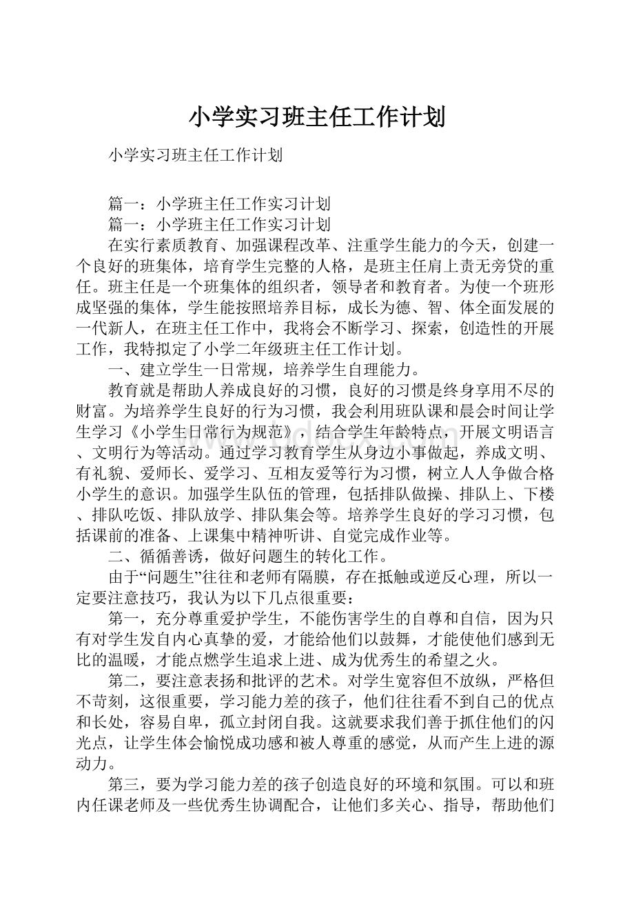 小学实习班主任工作计划.docx