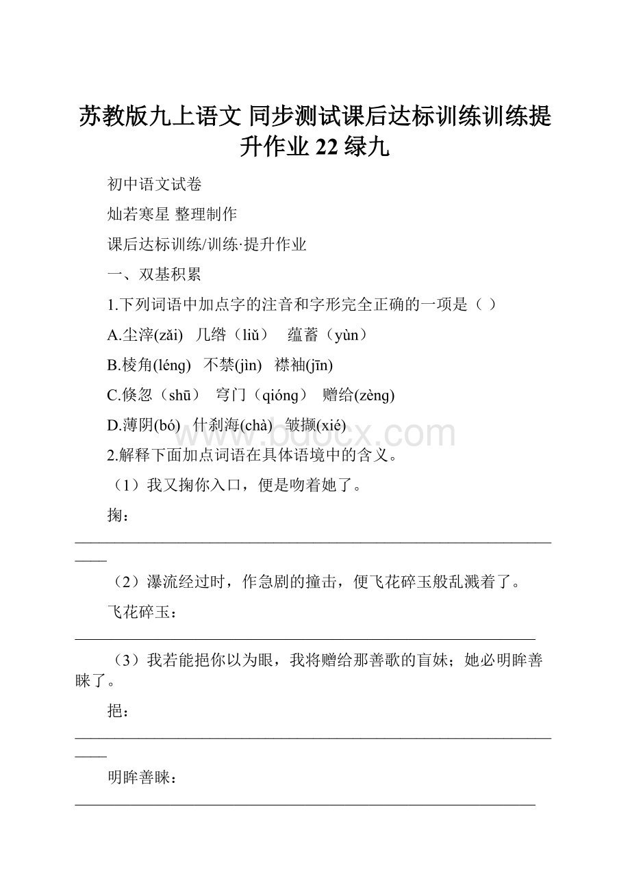 苏教版九上语文 同步测试课后达标训练训练提升作业22绿九.docx