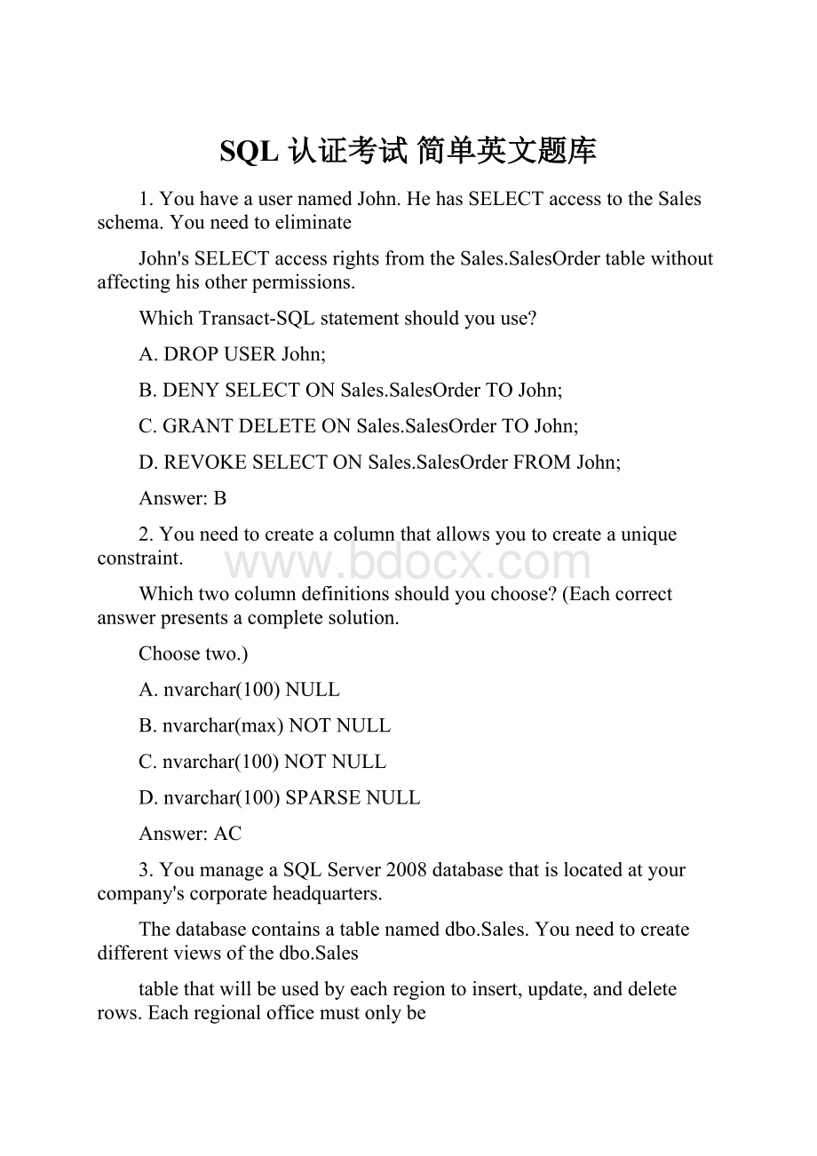 SQL 认证考试 简单英文题库.docx