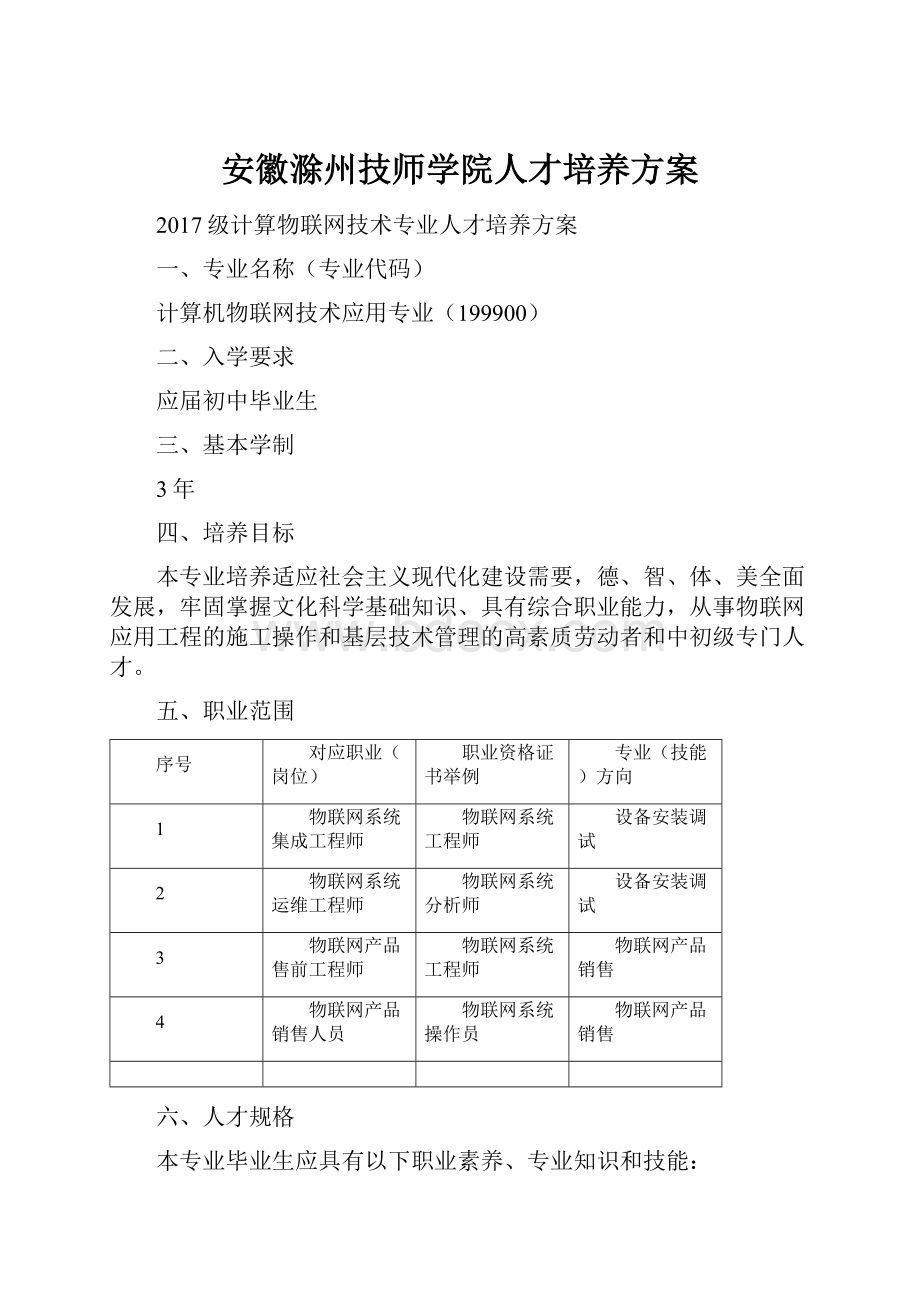 安徽滁州技师学院人才培养方案.docx_第1页