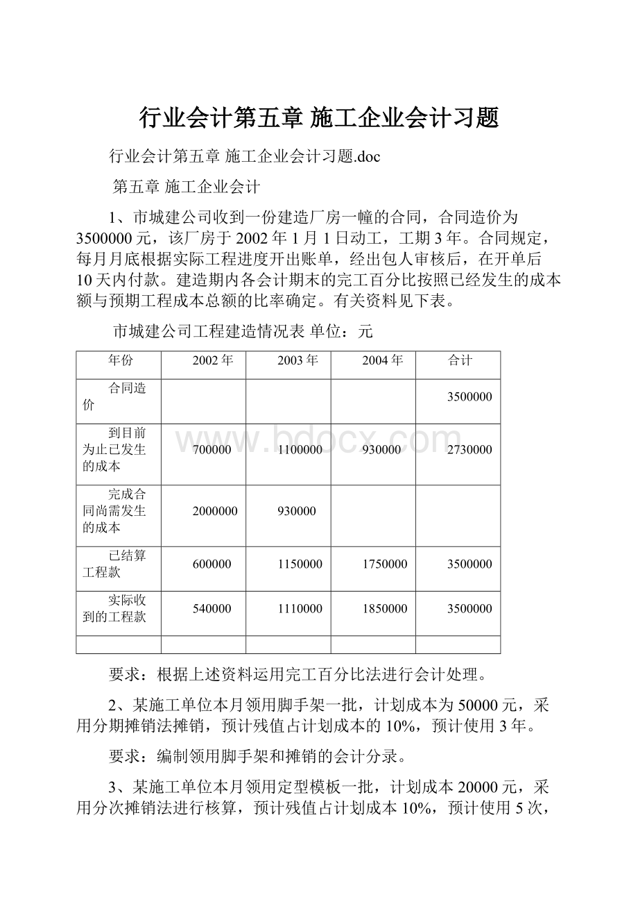 行业会计第五章 施工企业会计习题.docx