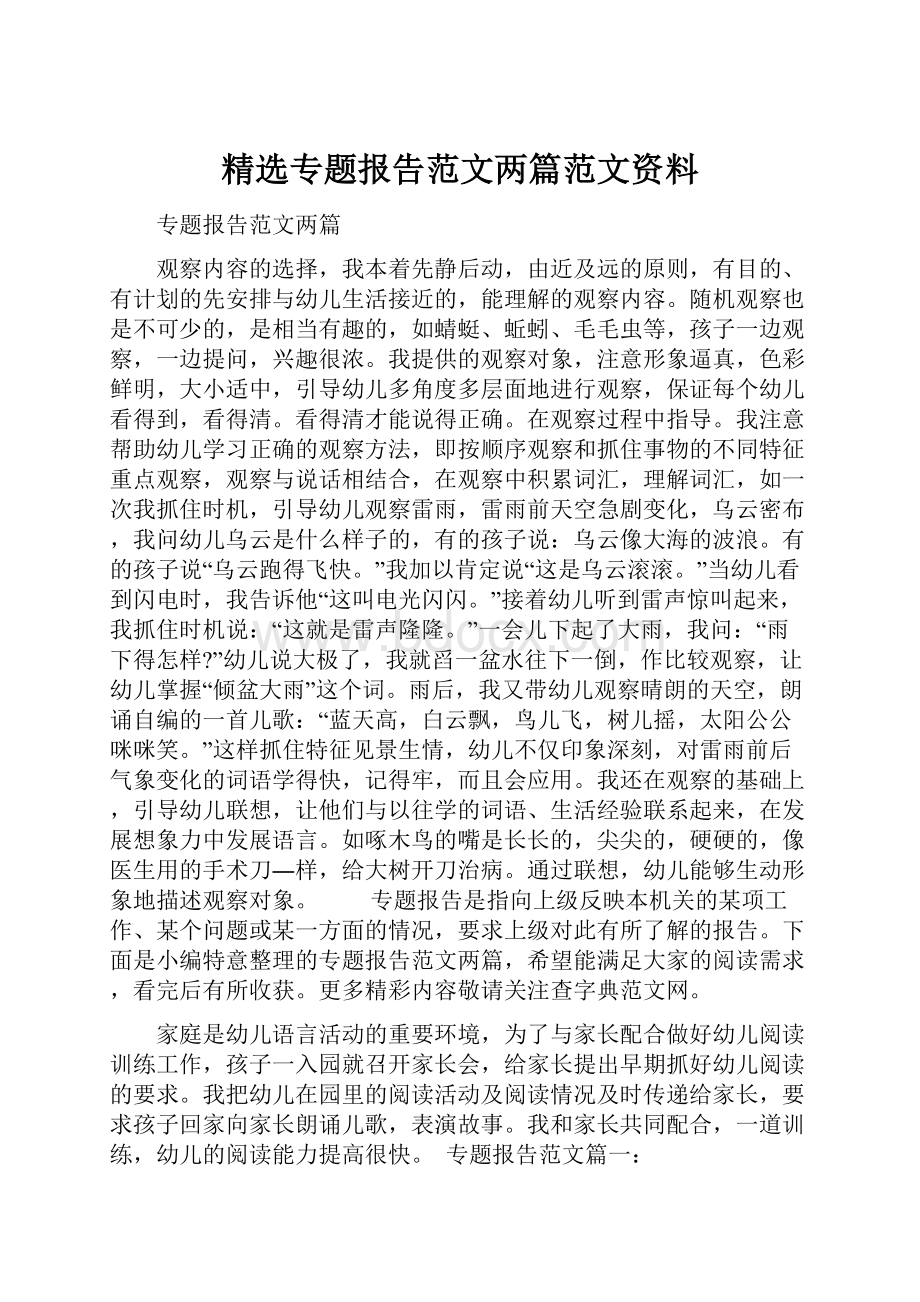 精选专题报告范文两篇范文资料.docx