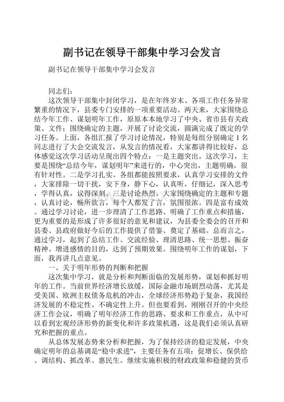 副书记在领导干部集中学习会发言.docx_第1页