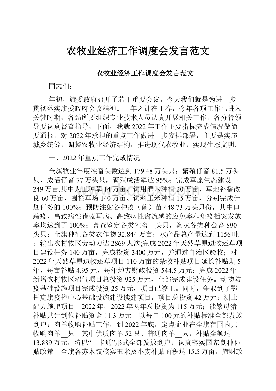 农牧业经济工作调度会发言范文.docx_第1页