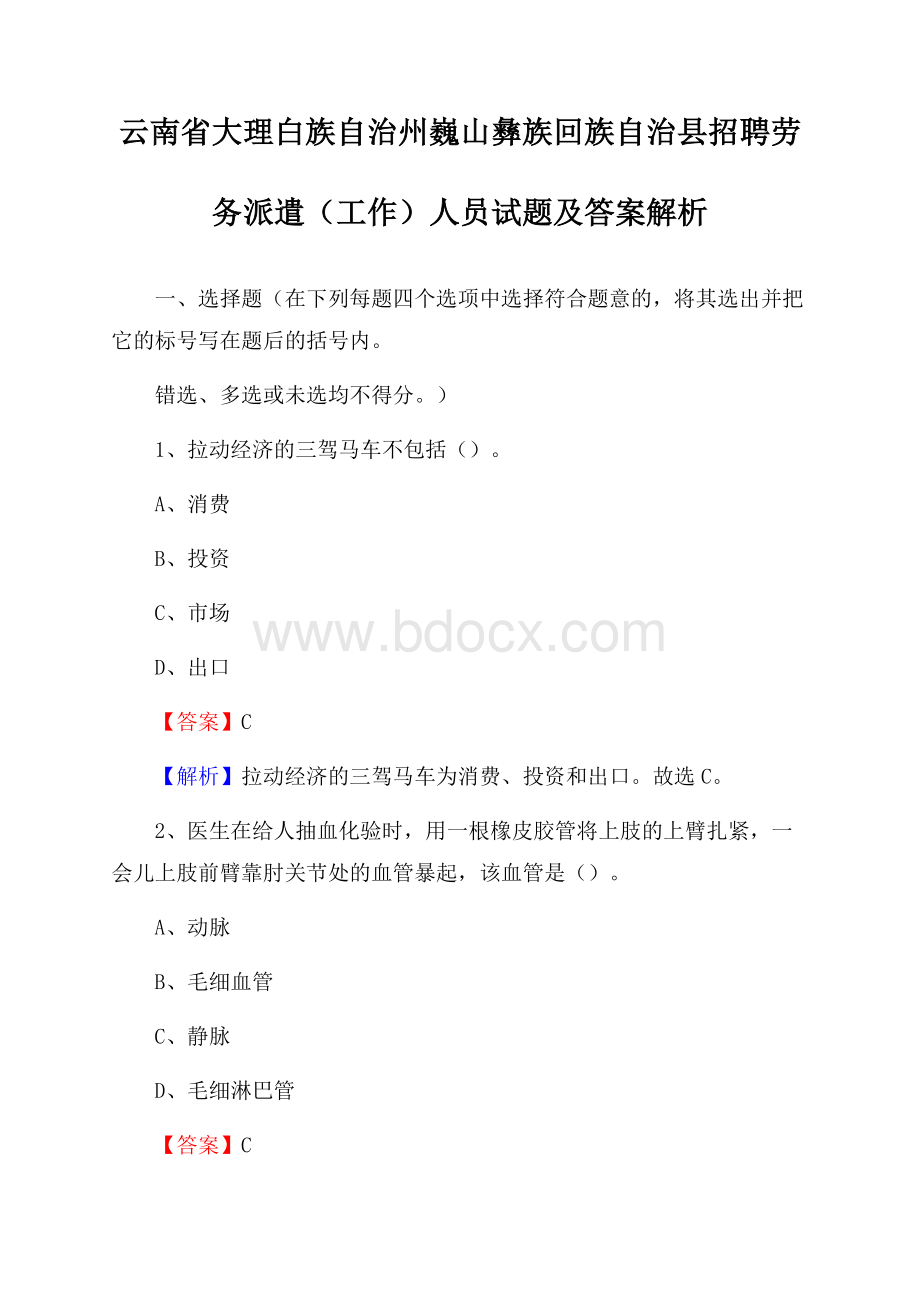 云南省大理白族自治州巍山彝族回族自治县招聘劳务派遣(工作)人员试题及答案解析.docx