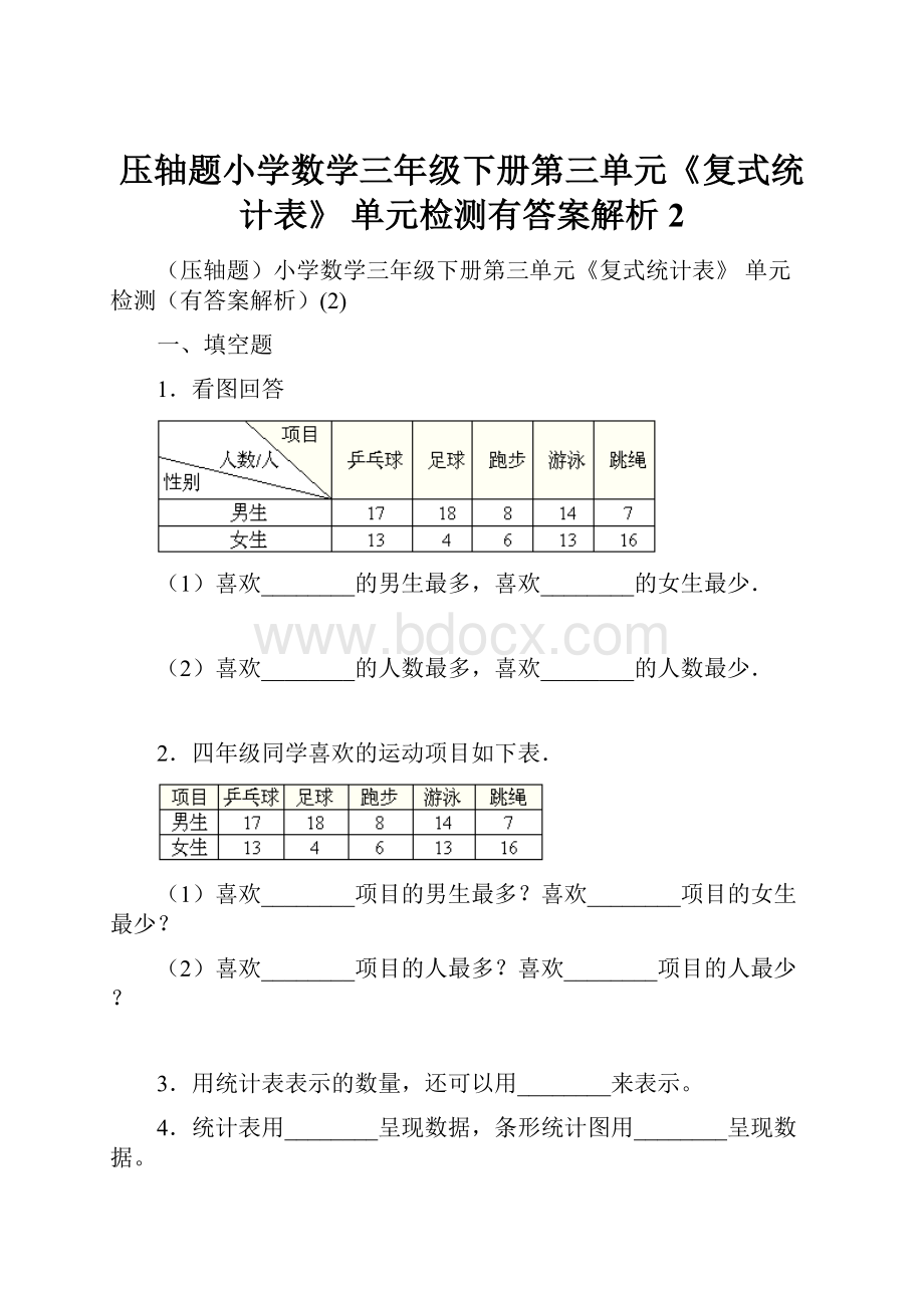 压轴题小学数学三年级下册第三单元《复式统计表》 单元检测有答案解析2.docx_第1页